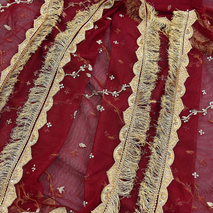 Indian Vintage Heavy Bridal Red Dupatta Net Mesh Long Stole Hand Embroidered Scarves Zardozi Dabka Wedding dupatta veil hijab Tissue Border