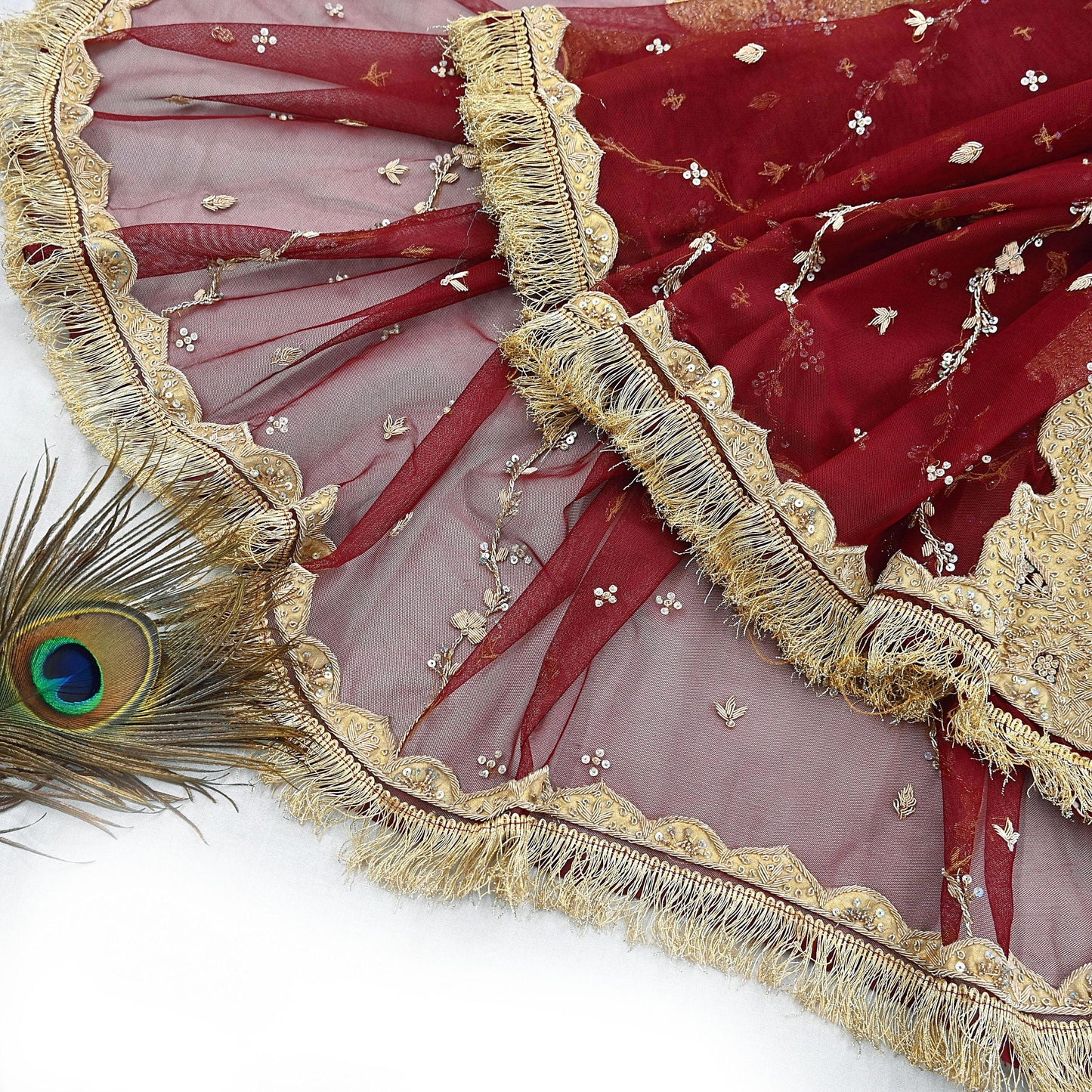 Indian Vintage Heavy Bridal Red Dupatta Net Mesh Long Stole Hand Embroidered Scarves Zardozi Dabka Wedding dupatta veil hijab Tissue Border