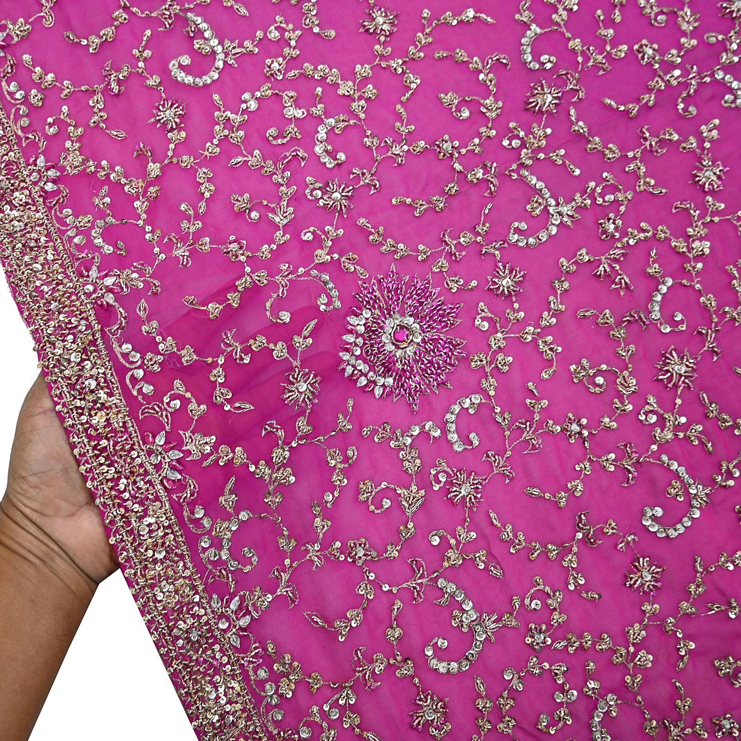 Indian Vintage Heavy Magenta Dupatta Pure Georgette Silk Long Stole Hand Embroidered Scarf Zardozi/Dabka
