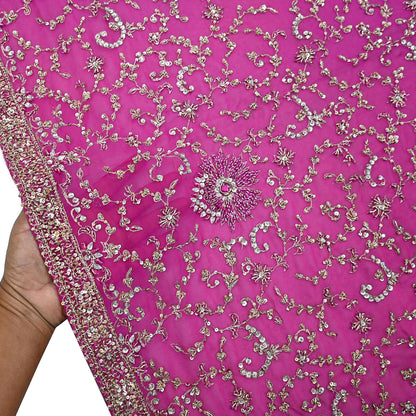 Indian Vintage Heavy Magenta Dupatta Pure Georgette Silk Long Stole Hand Embroidered Scarf Zardozi/Dabka