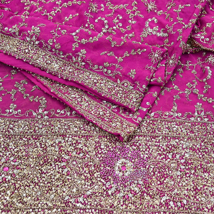Indian Vintage Heavy Magenta Dupatta Pure Georgette Silk Long Stole Hand Embroidered Scarf Zardozi/Dabka