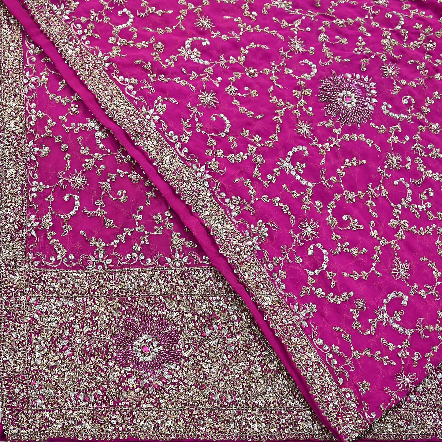 Indian Vintage Heavy Magenta Dupatta Pure Georgette Silk Long Stole Hand Embroidered Scarf Zardozi/Dabka