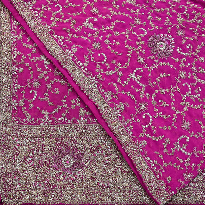 Indian Vintage Heavy Magenta Dupatta Pure Georgette Silk Long Stole Hand Embroidered Scarf Zardozi/Dabka