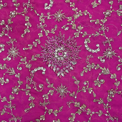 Indian Vintage Heavy Magenta Dupatta Pure Georgette Silk Long Stole Hand Embroidered Scarf Zardozi/Dabka
