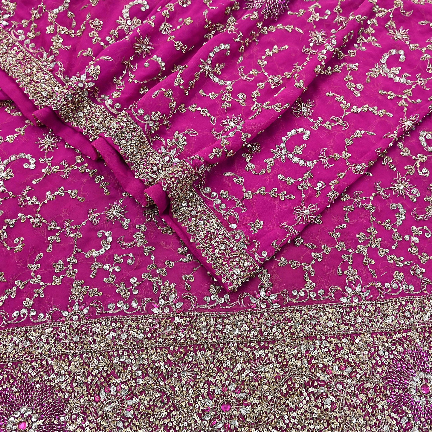 Indian Vintage Heavy Magenta Dupatta Pure Georgette Silk Long Stole Hand Embroidered Scarf Zardozi/Dabka