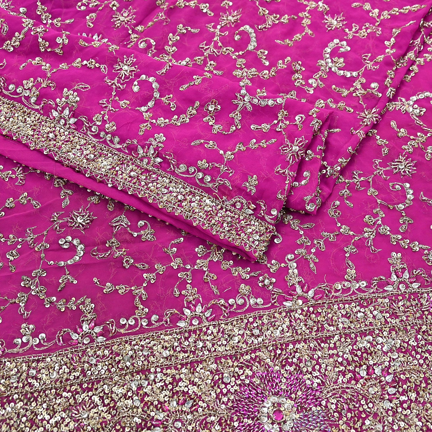 Indian Vintage Heavy Magenta Dupatta Pure Georgette Silk Long Stole Hand Embroidered Scarf Zardozi/Dabka
