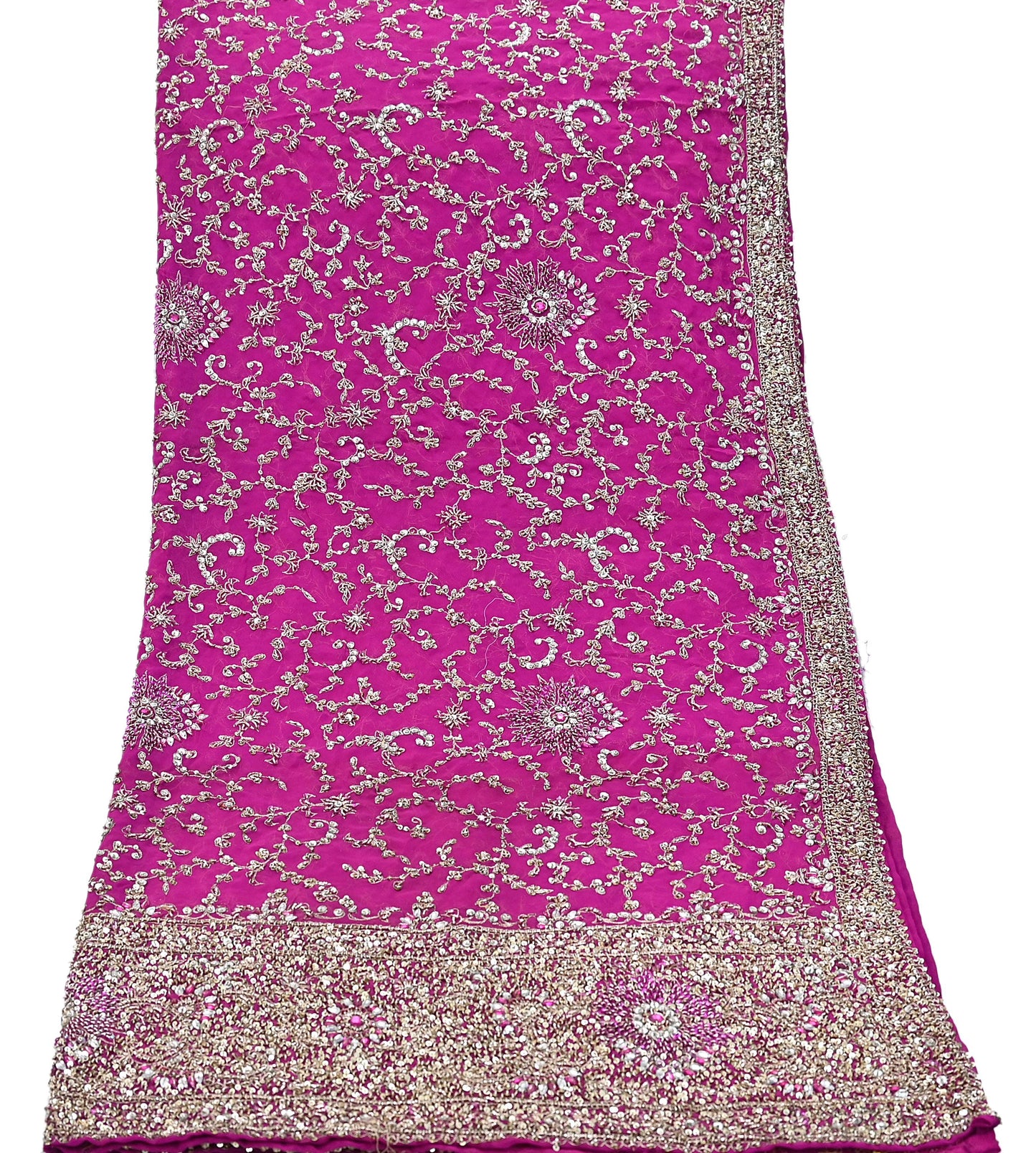 Indian Vintage Heavy Magenta Dupatta Pure Georgette Silk Long Stole Hand Embroidered Scarf Zardozi/Dabka