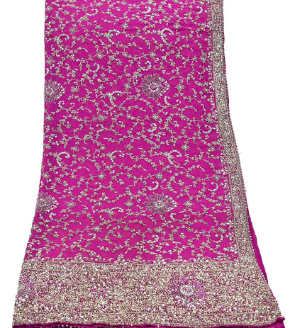 Indian Vintage Heavy Magenta Dupatta Pure Georgette Silk Long Stole Hand Embroidered Scarf Zardozi/Dabka