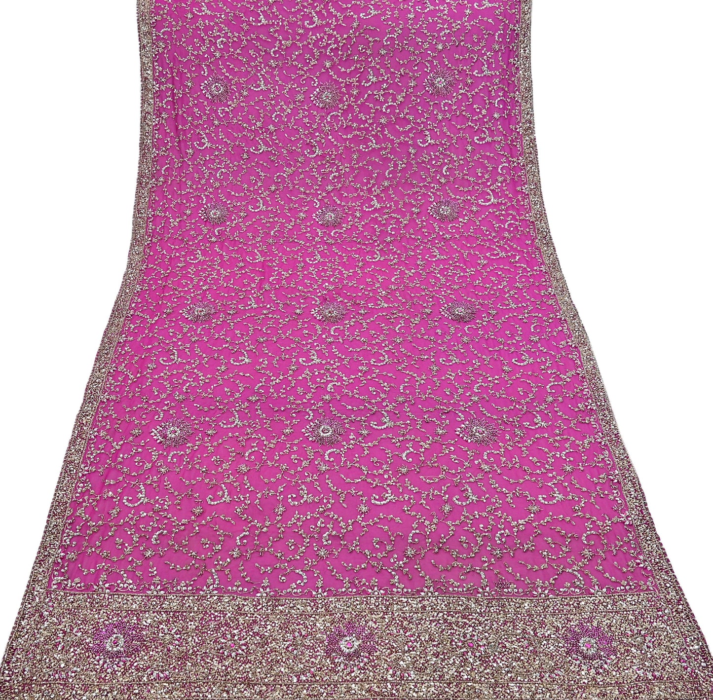 Indian Vintage Heavy Magenta Dupatta Pure Georgette Silk Long Stole Hand Embroidered Scarf Zardozi/Dabka