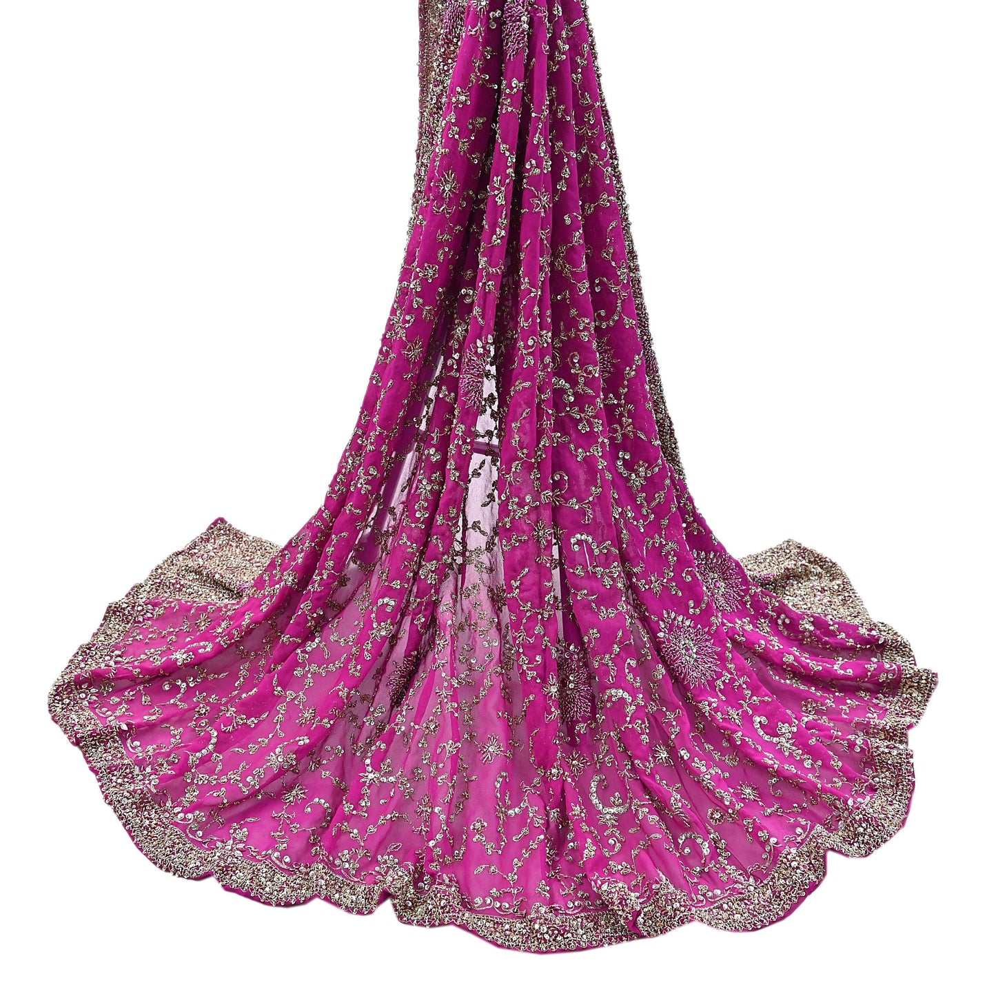 Indian Vintage Heavy Magenta Dupatta Pure Georgette Silk Long Stole Hand Embroidered Scarf Zardozi/Dabka