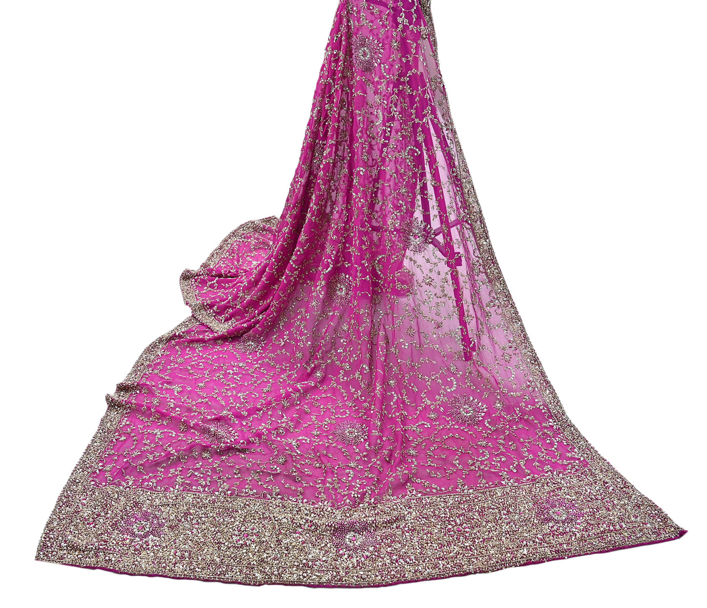 Indian Vintage Heavy Magenta Dupatta Pure Georgette Silk Long Stole Hand Embroidered Scarf Zardozi/Dabka