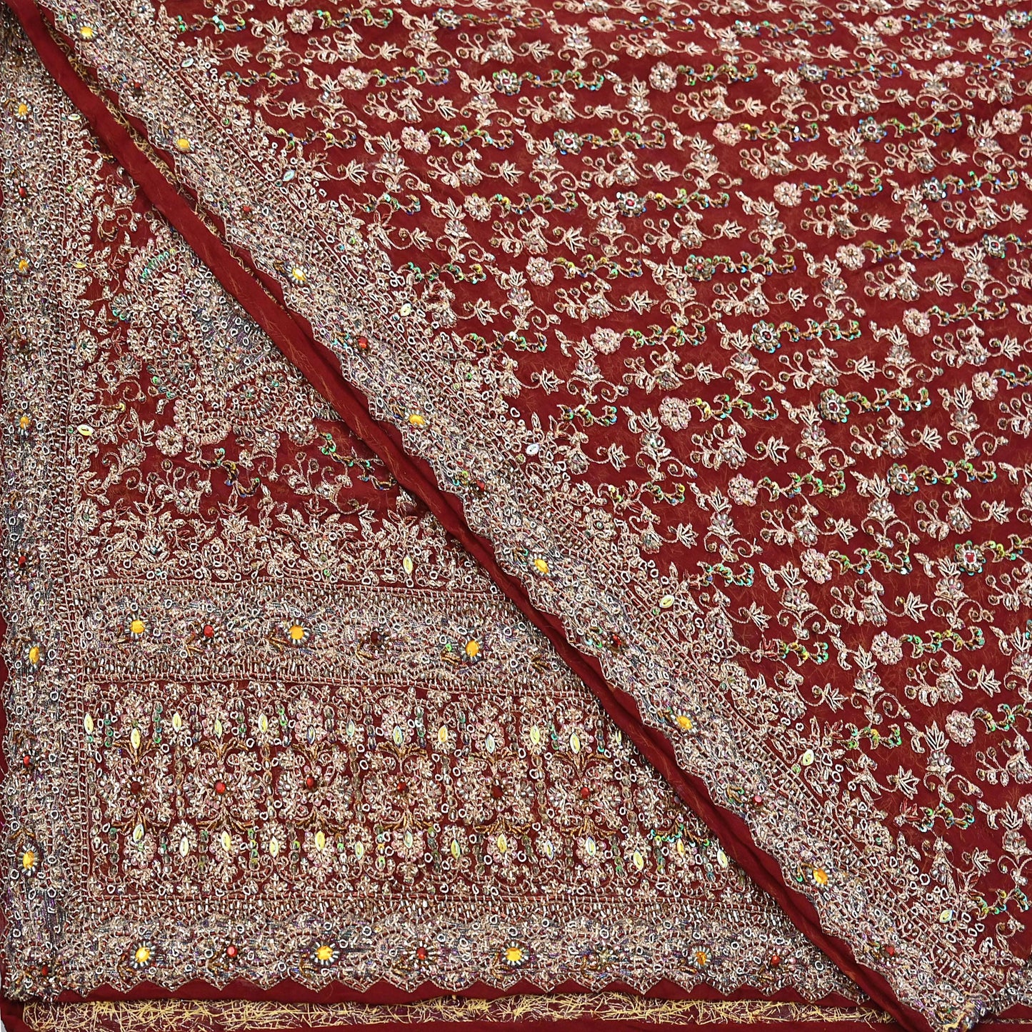 Indian Vintage Heavy Bridal Maroon Dupatta Pure Georgette Silk Long Stole Hand Embroidered Scarf Zardozi/Dabka Wedding red Hijab veil Boho