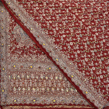 Indian Vintage Heavy Bridal Maroon Dupatta Pure Georgette Silk Long Stole Hand Embroidered Scarf Zardozi/Dabka Wedding red Hijab veil Boho