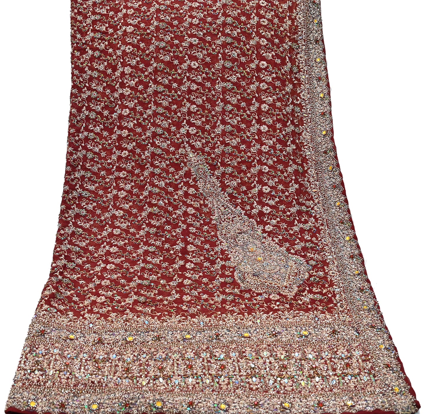 Indian Vintage Heavy Bridal Maroon Dupatta Pure Georgette Silk Long Stole Hand Embroidered Scarf Zardozi/Dabka Wedding red Hijab veil Boho