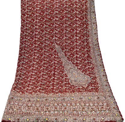 Indian Vintage Heavy Bridal Maroon Dupatta Pure Georgette Silk Long Stole Hand Embroidered Scarf Zardozi/Dabka Wedding red Hijab veil Boho