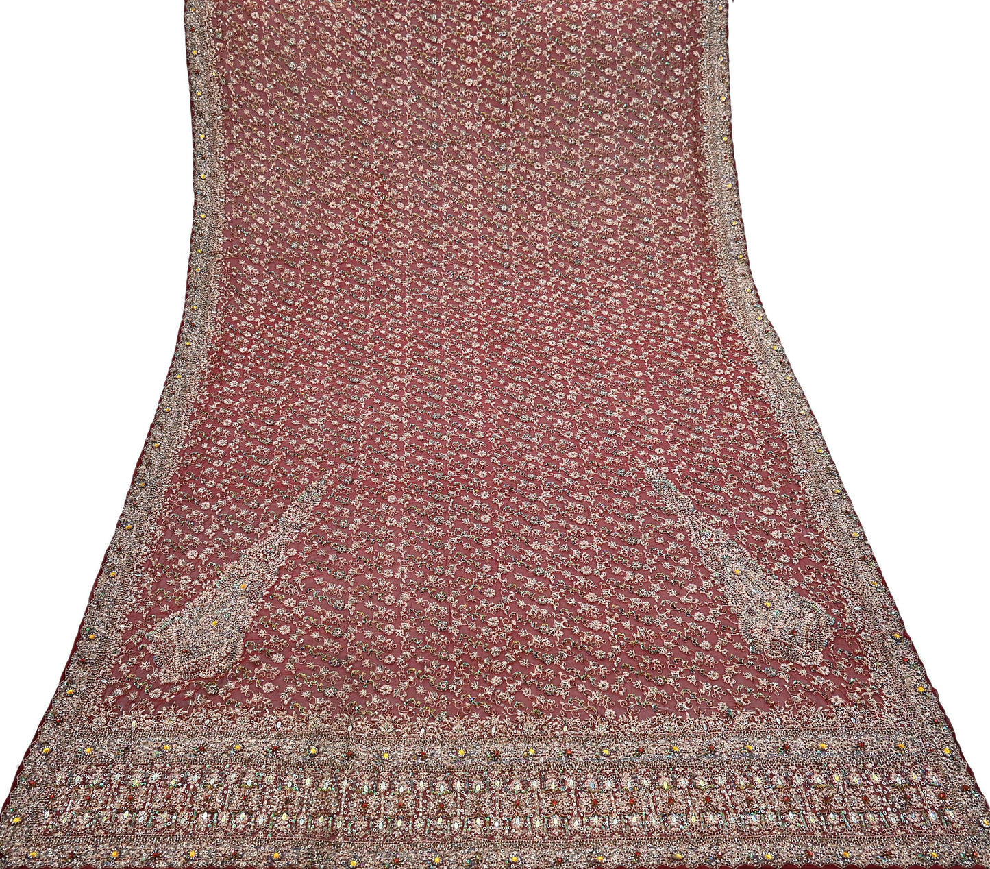 Indian Vintage Heavy Bridal Maroon Dupatta Pure Georgette Silk Long Stole Hand Embroidered Scarf Zardozi/Dabka Wedding red Hijab veil Boho