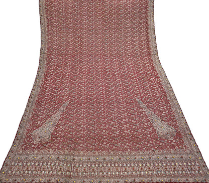 Indian Vintage Heavy Bridal Maroon Dupatta Pure Georgette Silk Long Stole Hand Embroidered Scarf Zardozi/Dabka Wedding red Hijab veil Boho