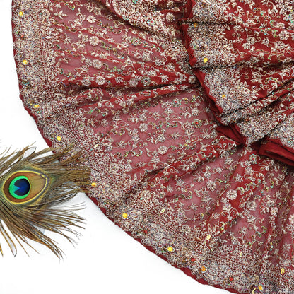 Indian Vintage Heavy Bridal Maroon Dupatta Pure Georgette Silk Long Stole Hand Embroidered Scarf Zardozi/Dabka Wedding red Hijab veil Boho