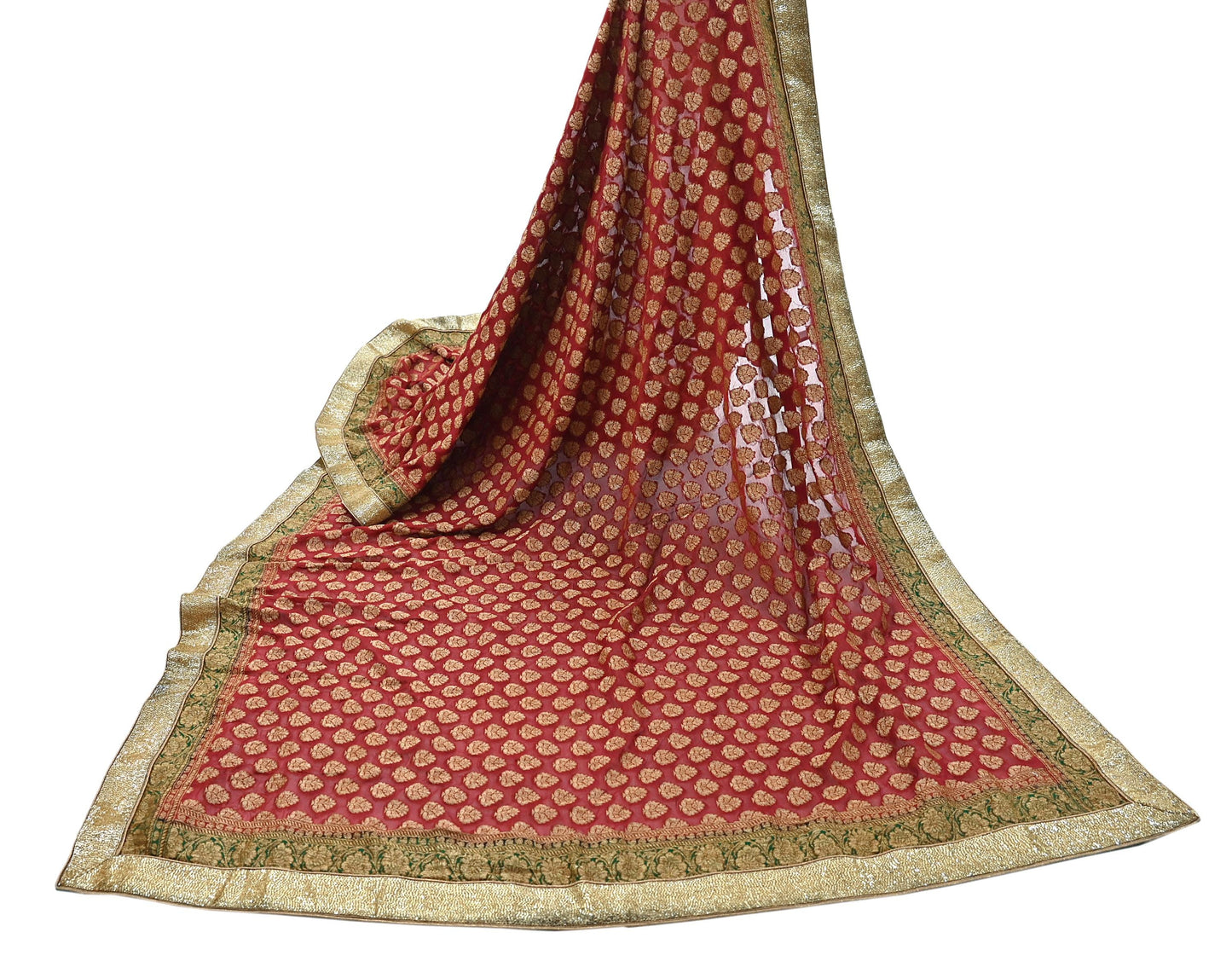 Indian Vintage Heavy Red Bridal Dupatta Pure Georgette Silk Hand woven glass Zari Work Party Wear Long Stole