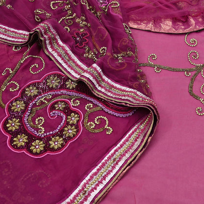 Indian Vintage Heavy Sari Pink Net/Georgette Silk Hand Embroidered Sarees Craft Fabric 6Yd Sewing Soft Wedding sarees With Blouse fabric