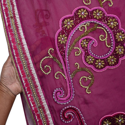 Indian Vintage Heavy Sari Pink Net/Georgette Silk Hand Embroidered Sarees Craft Fabric 6Yd Sewing Soft Wedding sarees With Blouse fabric