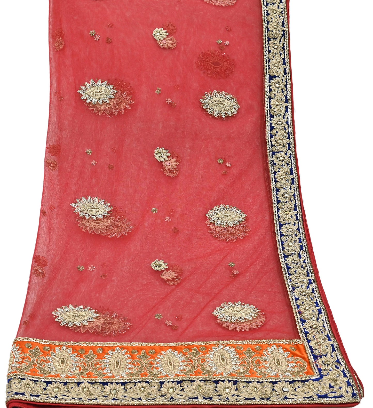 Indian Vintage Heavy Bridal Red Dupatta Net Mesh Long Stole Hand Embroidered Scarves Golden Zardozi Dabka Zari Sequins Wedding Veil Hijab