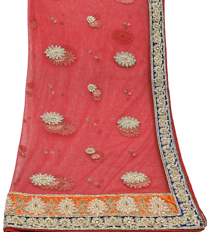 Indian Vintage Heavy Bridal Red Dupatta Net Mesh Long Stole Hand Embroidered Scarves Golden Zardozi Dabka Zari Sequins Wedding Veil Hijab