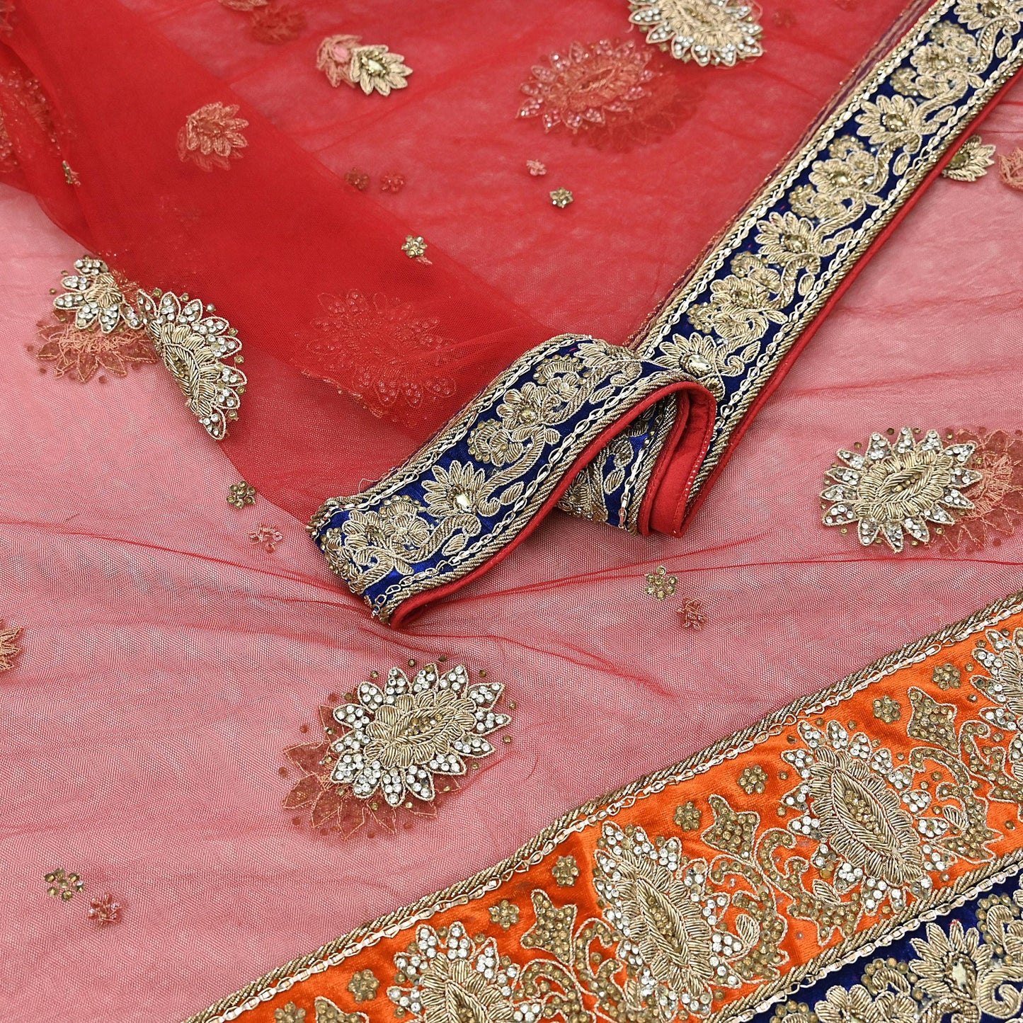 Indian Vintage Heavy Bridal Red Dupatta Net Mesh Long Stole Hand Embroidered Scarves Golden Zardozi Dabka Zari Sequins Wedding Veil Hijab