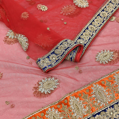 Indian Vintage Heavy Bridal Red Dupatta Net Mesh Long Stole Hand Embroidered Scarves Golden Zardozi Dabka Zari Sequins Wedding Veil Hijab