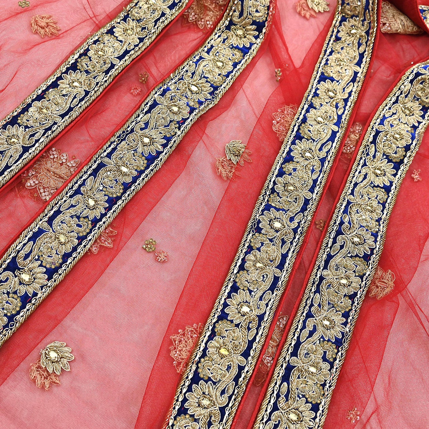 Indian Vintage Heavy Bridal Red Dupatta Net Mesh Long Stole Hand Embroidered Scarves Golden Zardozi Dabka Zari Sequins Wedding Veil Hijab