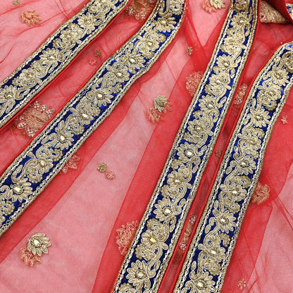Indian Vintage Heavy Bridal Red Dupatta Net Mesh Long Stole Hand Embroidered Scarves Golden Zardozi Dabka Zari Sequins Wedding Veil Hijab