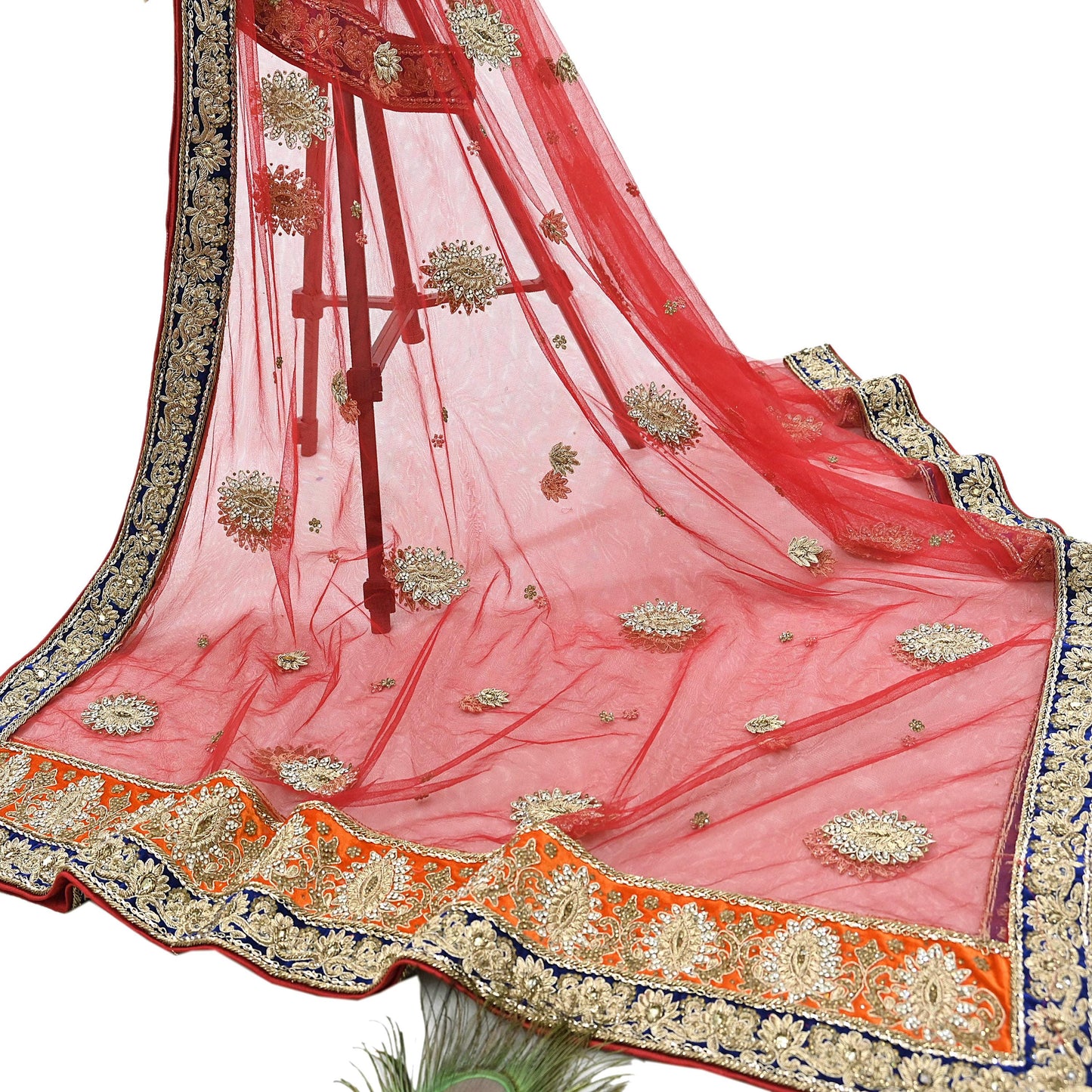 Indian Vintage Heavy Bridal Red Dupatta Net Mesh Long Stole Hand Embroidered Scarves Golden Zardozi Dabka Zari Sequins Wedding Veil Hijab