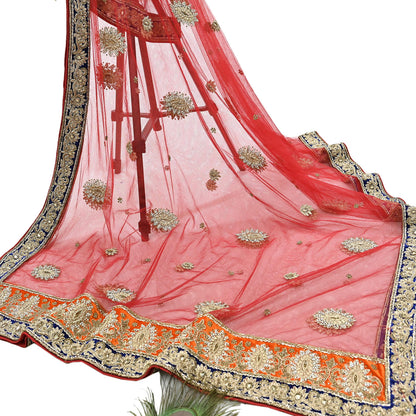 Indian Vintage Heavy Bridal Red Dupatta Net Mesh Long Stole Hand Embroidered Scarves Golden Zardozi Dabka Zari Sequins Wedding Veil Hijab