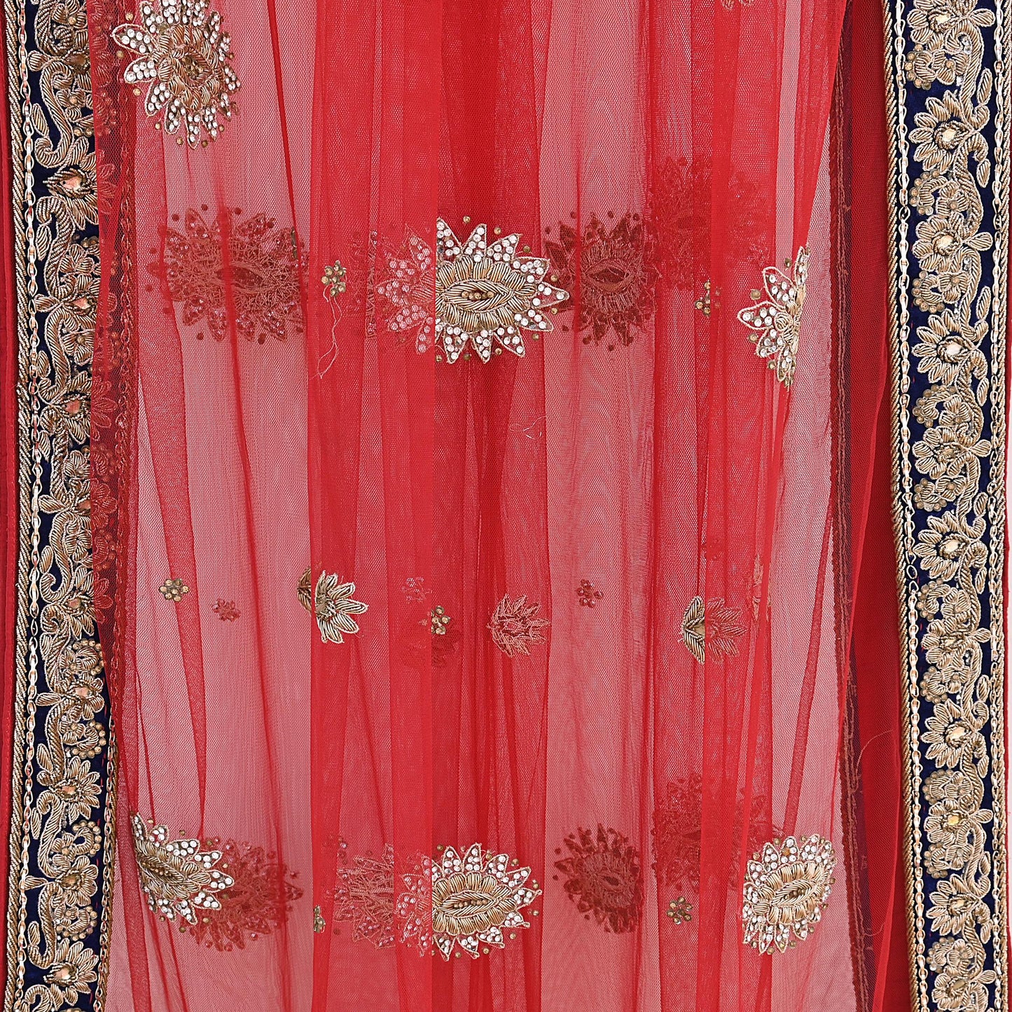 Indian Vintage Heavy Bridal Red Dupatta Net Mesh Long Stole Hand Embroidered Scarves Golden Zardozi Dabka Zari Sequins Wedding Veil Hijab