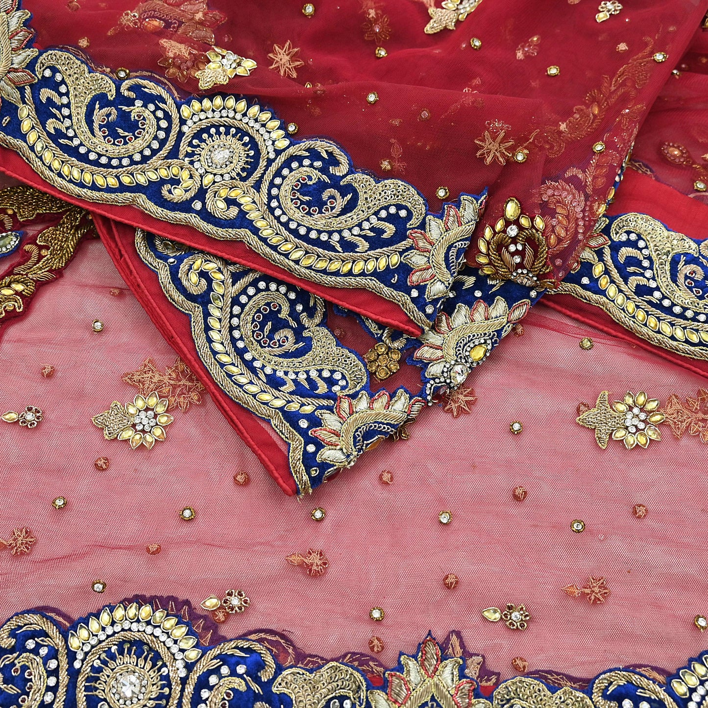 Indian Vintage Heavy Bridal Red Dupatta Net Mesh Long Stole Hand Embroidered Scarves Golden Zardozi Dabka Zari Sequins Wedding Veil Hijab