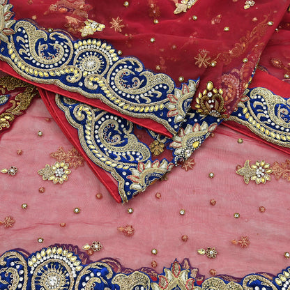 Indian Vintage Heavy Bridal Red Dupatta Net Mesh Long Stole Hand Embroidered Scarves Golden Zardozi Dabka Zari Sequins Wedding Veil Hijab