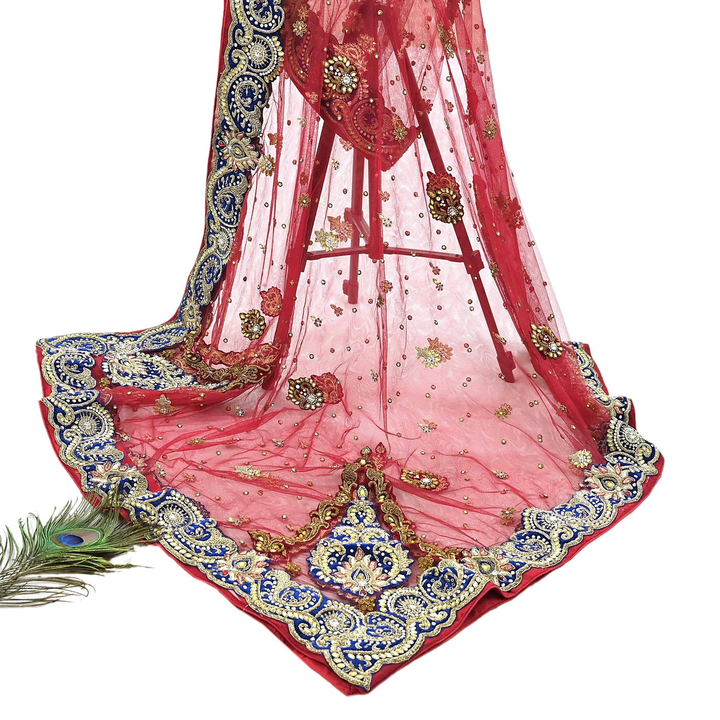 Indian Vintage Heavy Bridal Red Dupatta Net Mesh Long Stole Hand Embroidered Scarves Golden Zardozi Dabka Zari Sequins Wedding Veil Hijab