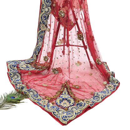 Indian Vintage Heavy Bridal Red Dupatta Net Mesh Long Stole Hand Embroidered Scarves Golden Zardozi Dabka Zari Sequins Wedding Veil Hijab