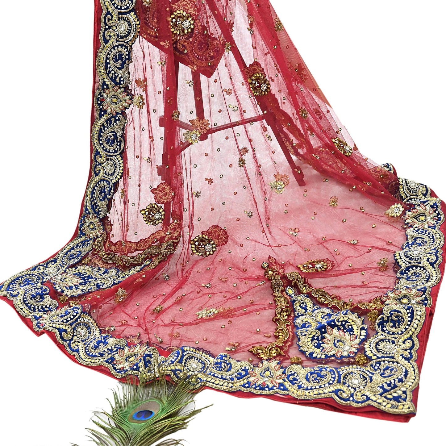 Indian Vintage Heavy Bridal Red Dupatta Net Mesh Long Stole Hand Embroidered Scarves Golden Zardozi Dabka Zari Sequins Wedding Veil Hijab