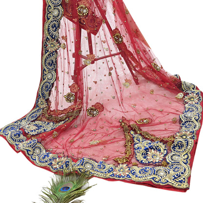 Indian Vintage Heavy Bridal Red Dupatta Net Mesh Long Stole Hand Embroidered Scarves Golden Zardozi Dabka Zari Sequins Wedding Veil Hijab