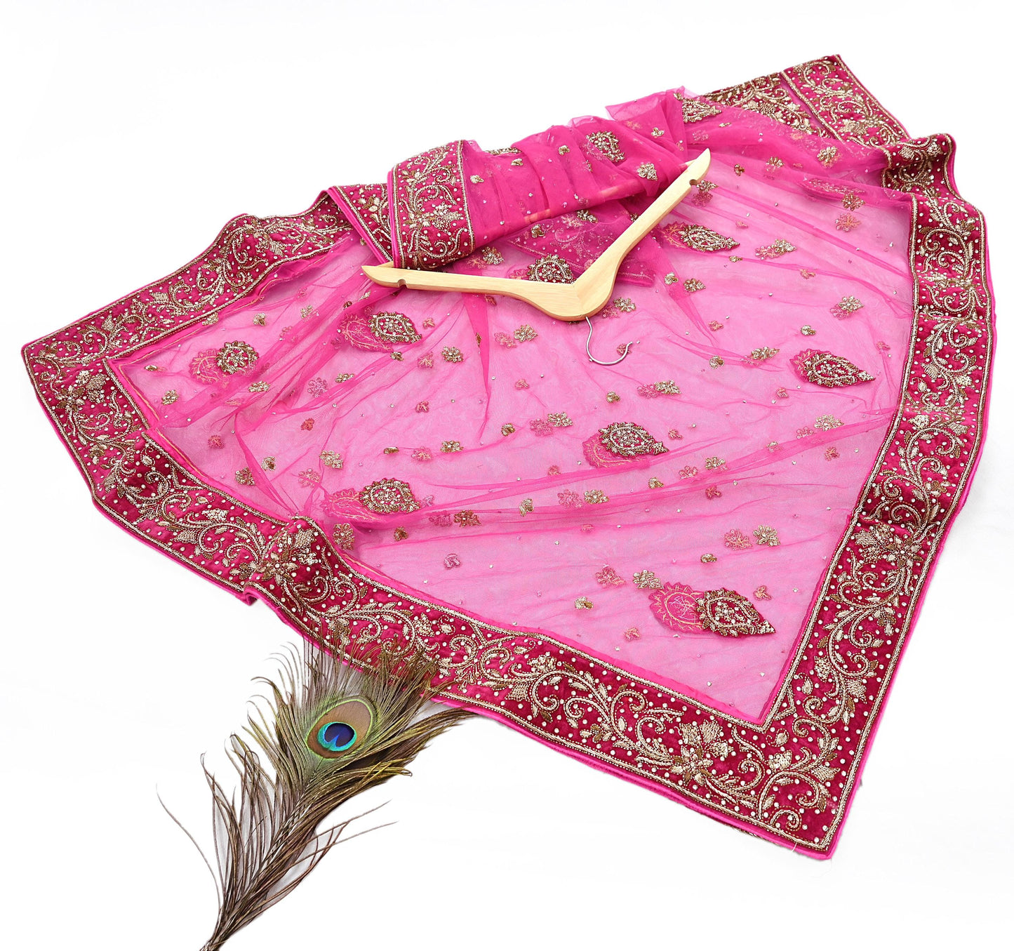 Indian Vintage Heavy Pink Dupatta Net Mesh Long Stole Hand Embroidered Scarves Golden Zardozi Dabka Zari Stole Bridal/ Wedding veil