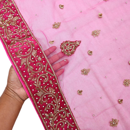 Indian Vintage Heavy Pink Dupatta Net Mesh Long Stole Hand Embroidered Scarves Golden Zardozi Dabka Zari Stole Bridal/ Wedding veil