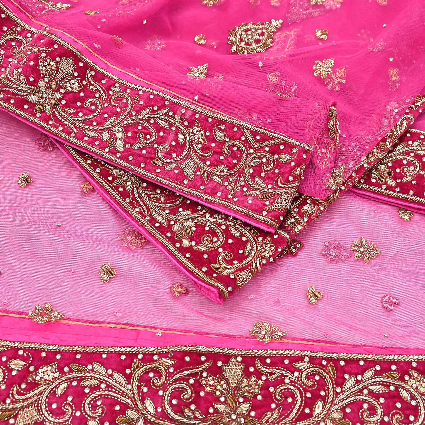 Indian Vintage Heavy Pink Dupatta Net Mesh Long Stole Hand Embroidered Scarves Golden Zardozi Dabka Zari Stole Bridal/ Wedding veil