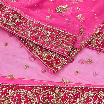 Indian Vintage Heavy Pink Dupatta Net Mesh Long Stole Hand Embroidered Scarves Golden Zardozi Dabka Zari Stole Bridal/ Wedding veil