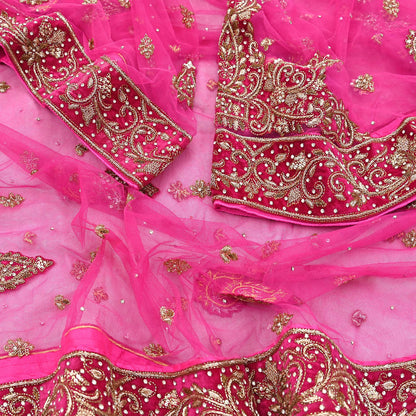 Indian Vintage Heavy Pink Dupatta Net Mesh Long Stole Hand Embroidered Scarves Golden Zardozi Dabka Zari Stole Bridal/ Wedding veil