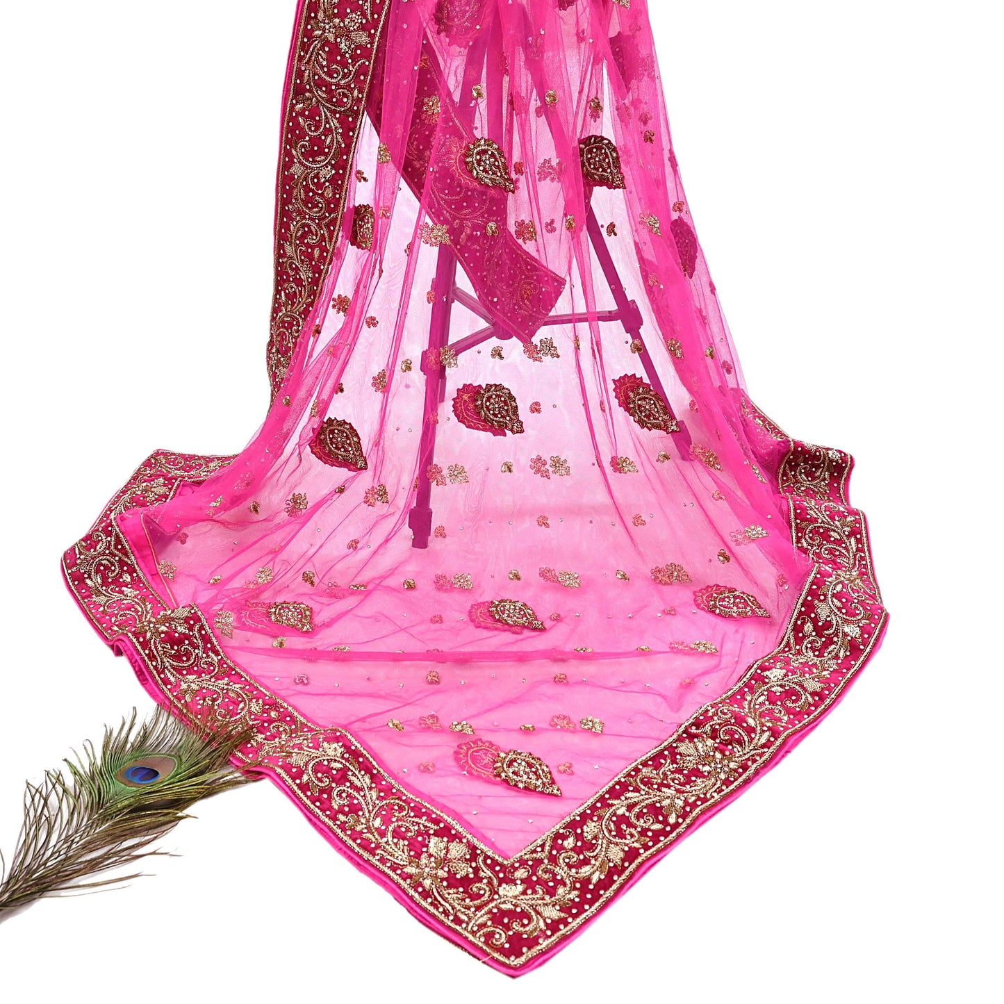 Indian Vintage Heavy Pink Dupatta Net Mesh Long Stole Hand Embroidered Scarves Golden Zardozi Dabka Zari Stole Bridal/ Wedding veil