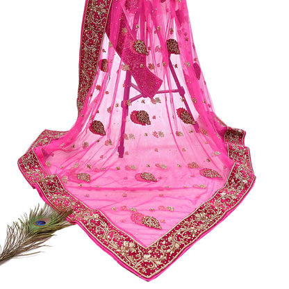 Indian Vintage Heavy Pink Dupatta Net Mesh Long Stole Hand Embroidered Scarves Golden Zardozi Dabka Zari Stole Bridal/ Wedding veil