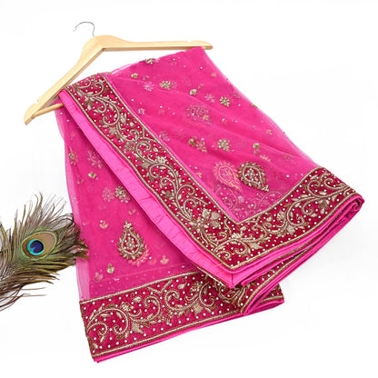 Indian Vintage Heavy Pink Dupatta Net Mesh Long Stole Hand Embroidered Scarves Golden Zardozi Dabka Zari Stole Bridal/ Wedding veil