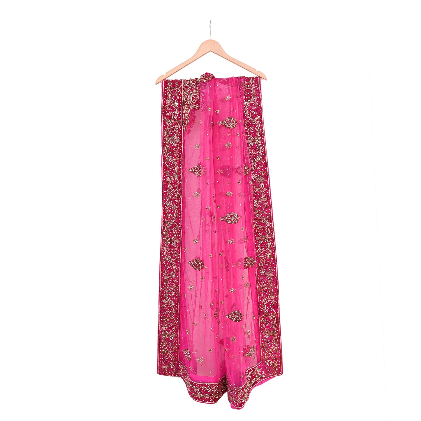 Indian Vintage Heavy Pink Dupatta Net Mesh Long Stole Hand Embroidered Scarves Golden Zardozi Dabka Zari Stole Bridal/ Wedding veil