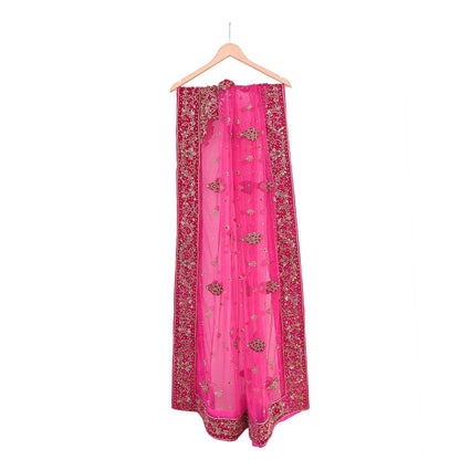 Indian Vintage Heavy Pink Dupatta Net Mesh Long Stole Hand Embroidered Scarves Golden Zardozi Dabka Zari Stole Bridal/ Wedding veil